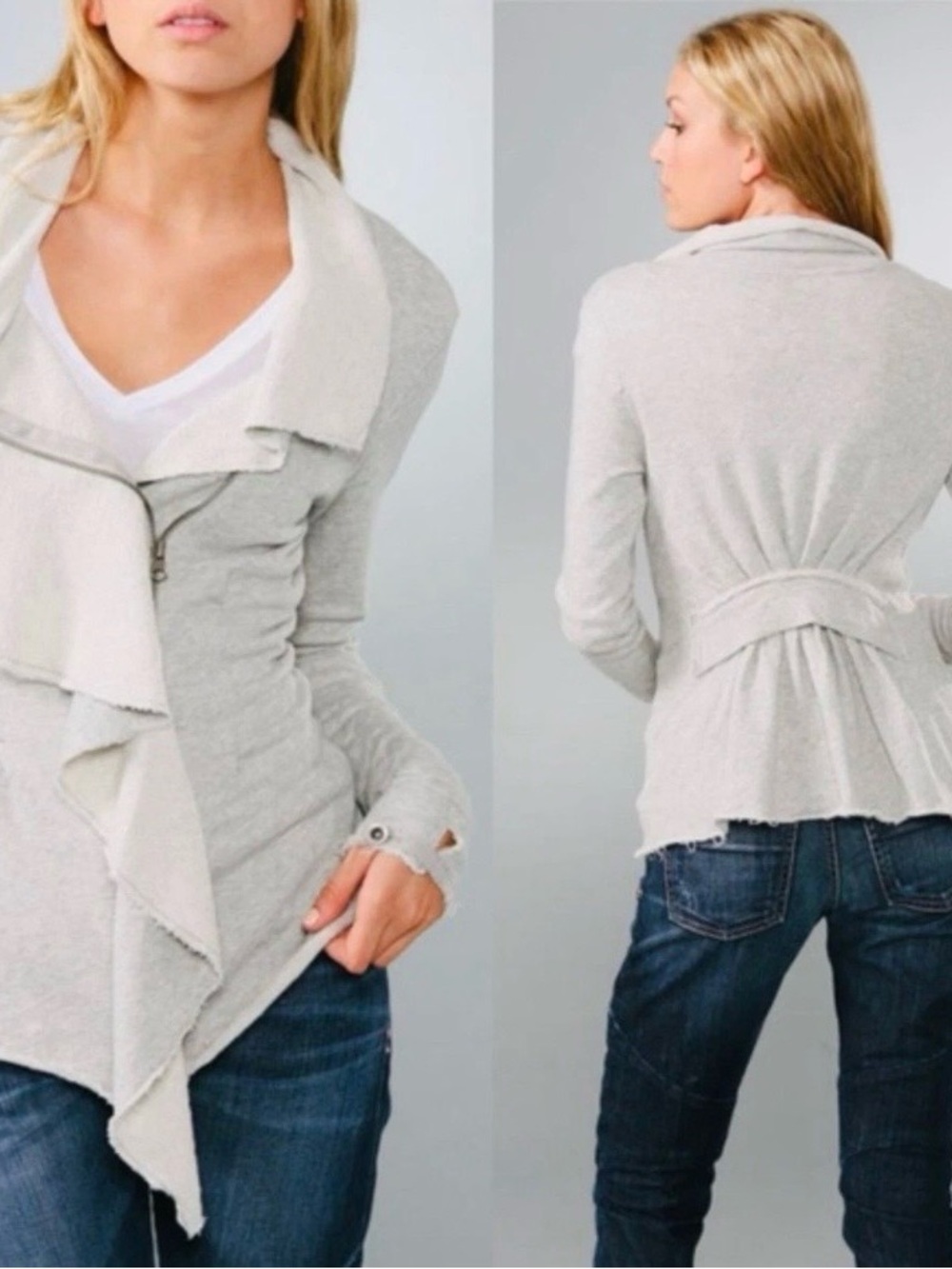 We The Free Cream French Terry Cotton Asymmetric Zip Draped Cardigan Jacket Sz S